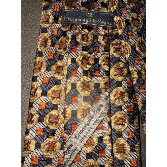 Ermenegildo Zenga Men’s Brown Orange Blue Geometric 100% Silk 4” Italian EUC - Picture 4 of 6